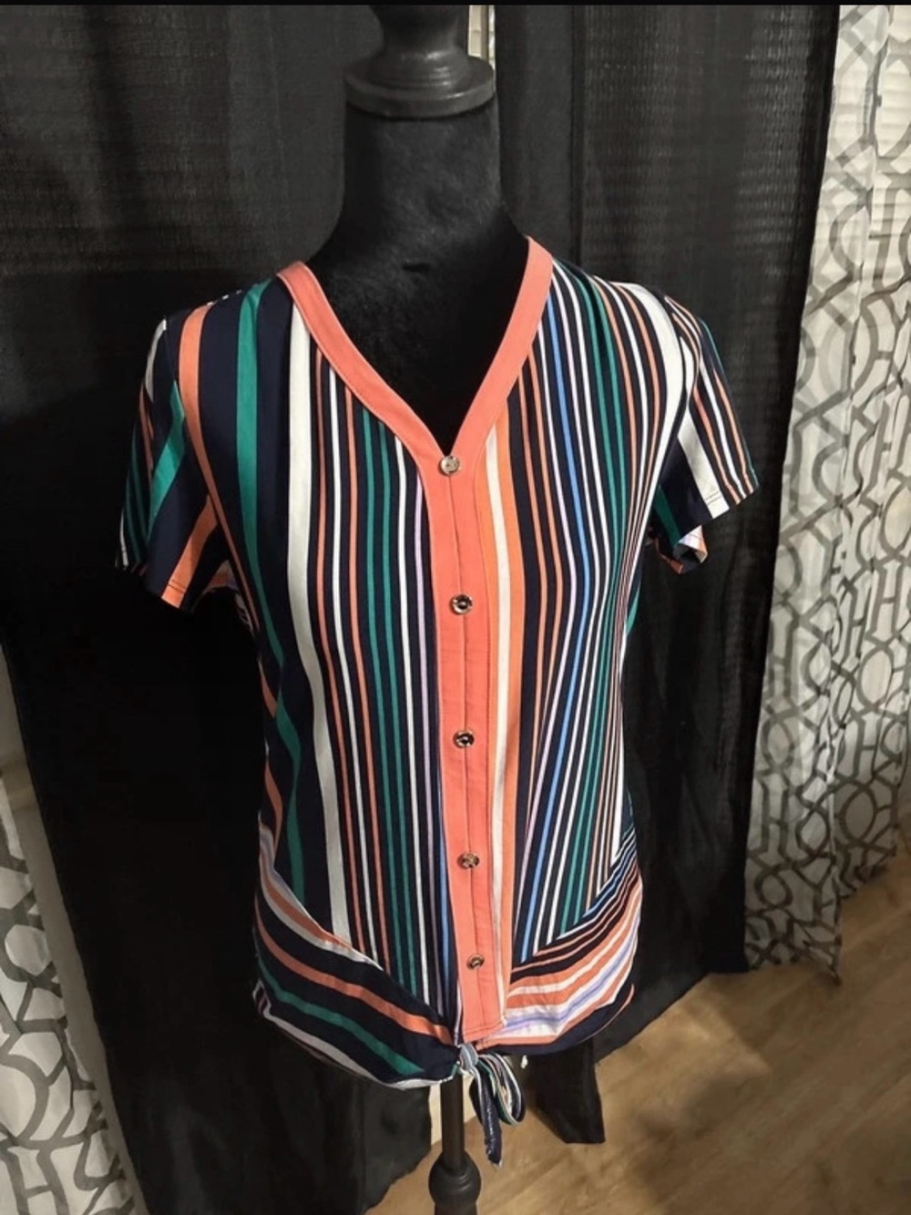 Striped V-Neck Button Front Tie Hem Top - Coral Accent